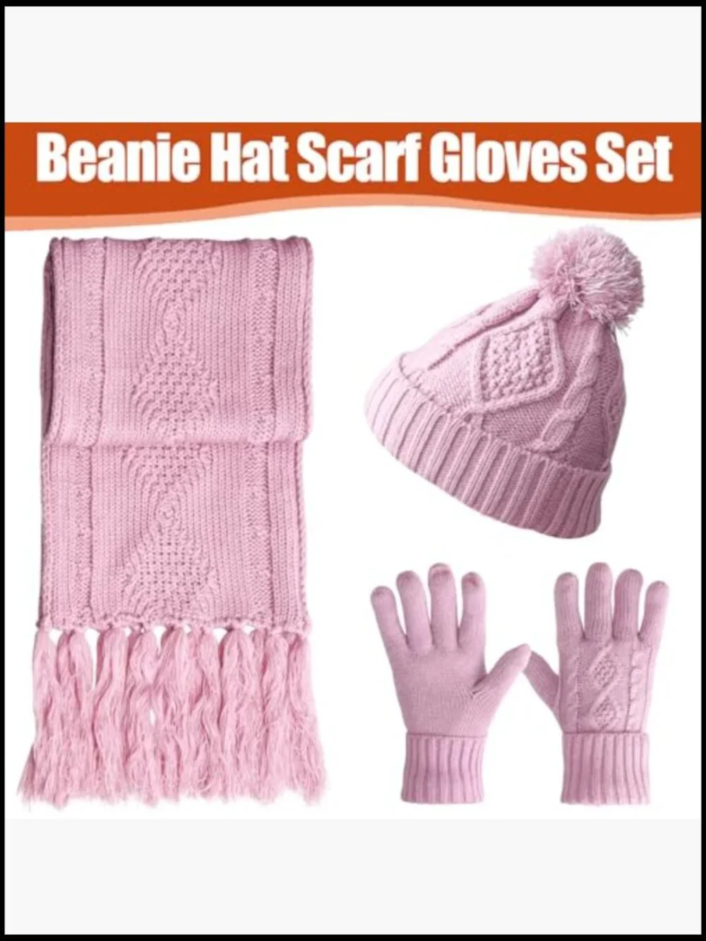 3-Piece Knit Hat Scarf Gloves Set with Pom Pom Touchscreen Gloves